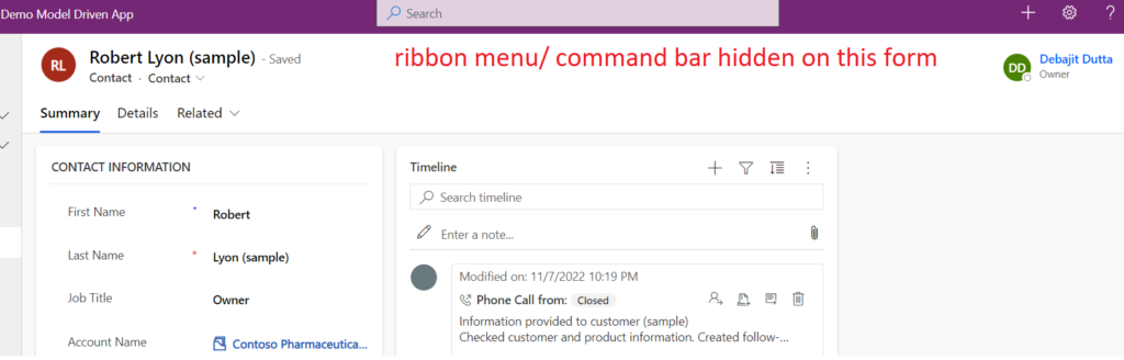 How to hide command bar/ ribbon bar of a form in Model driven apps/ Dynamics 365